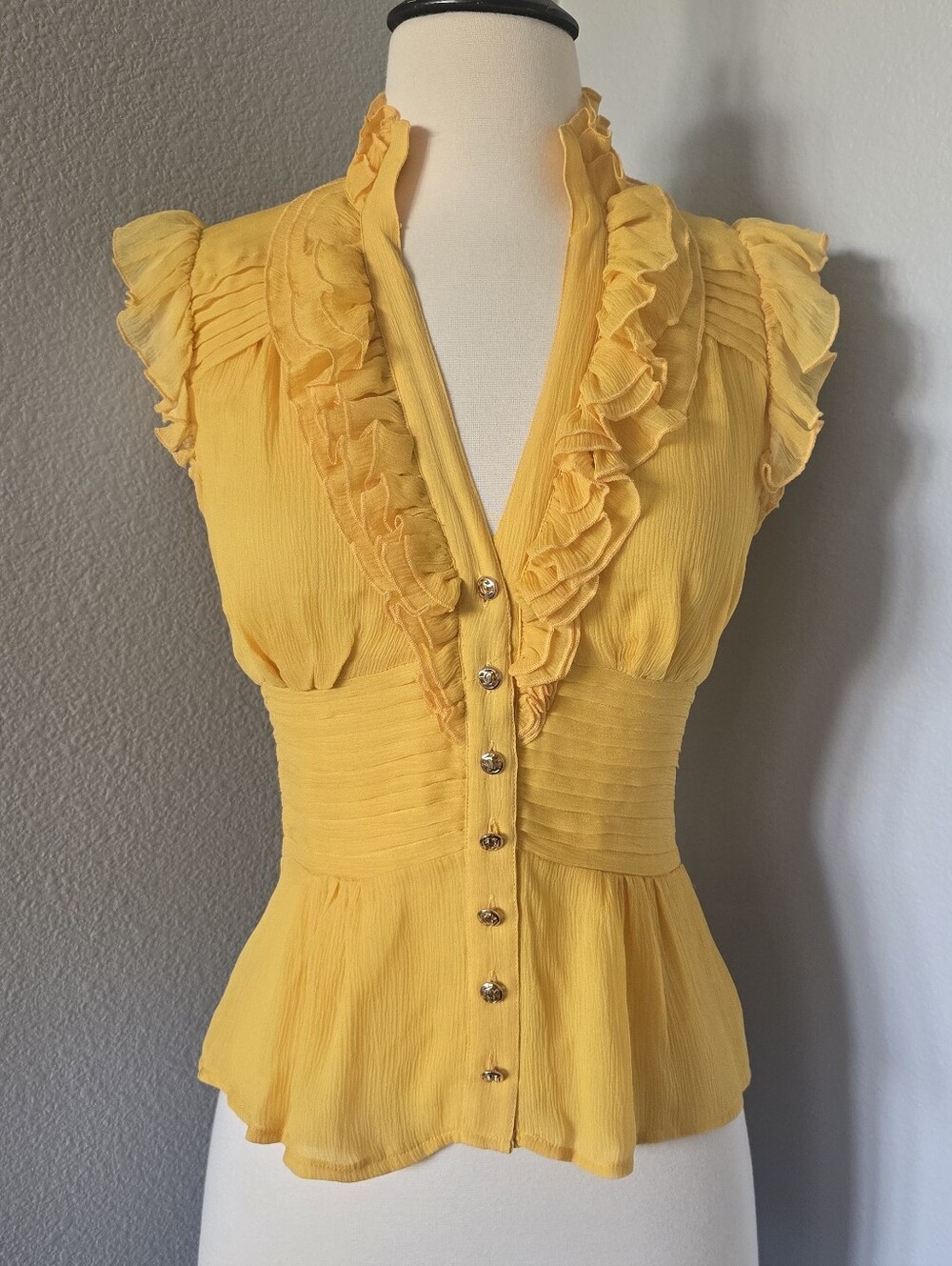Vintage Y2K bebe Silk Saffron Yellow Ruffle Blouse Peplum XS Going Out Top